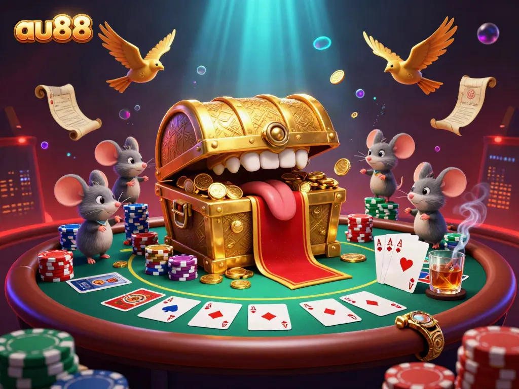 Engage in thrilling gameplay with au88's vibrant casino adventures featuring treasure chests and poker elements.
