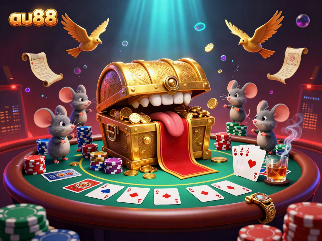 Engage in thrilling gameplay with au88's vibrant casino adventures featuring treasure chests and poker elements.