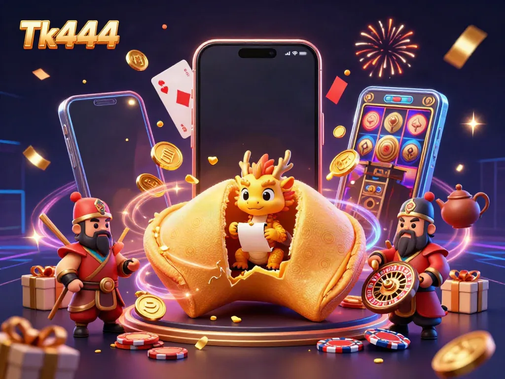 Join Tk444 for thrilling casino action, featuring dynamic characters amidst vibrant gaming elements and golden fortune.