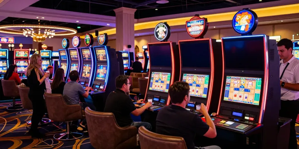 Dynamic Las Vegas gaming atmosphere at Vegas88 casino with players enjoying slot machines and vibrant neon lights.