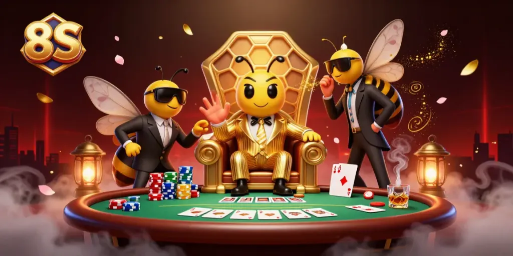 Join the 8S mob boss and his entourage at an exciting poker showdown filled with vibrant casino elements.