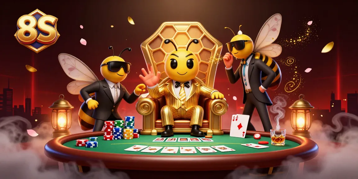 Join the 8S mob boss and his entourage at an exciting poker showdown filled with vibrant casino elements.