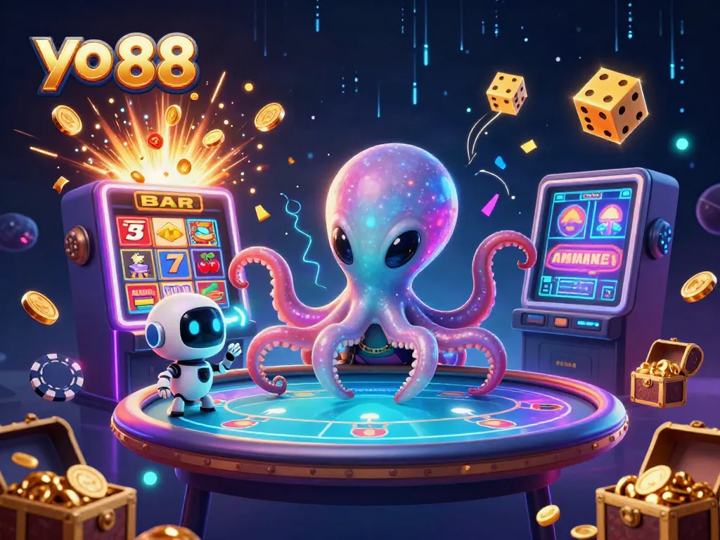 Experience thrilling gaming with yo 88 in a vibrant 3D octopus casino scene featuring exciting table games.