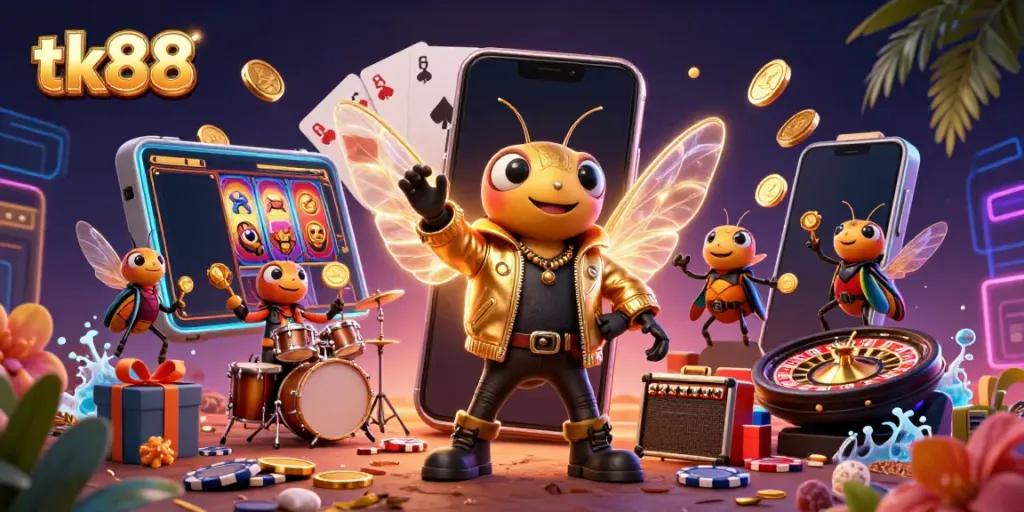 Experience thrilling casino action with tk88 in a stunning, vibrant cartoon scene featuring dynamic characters and games.