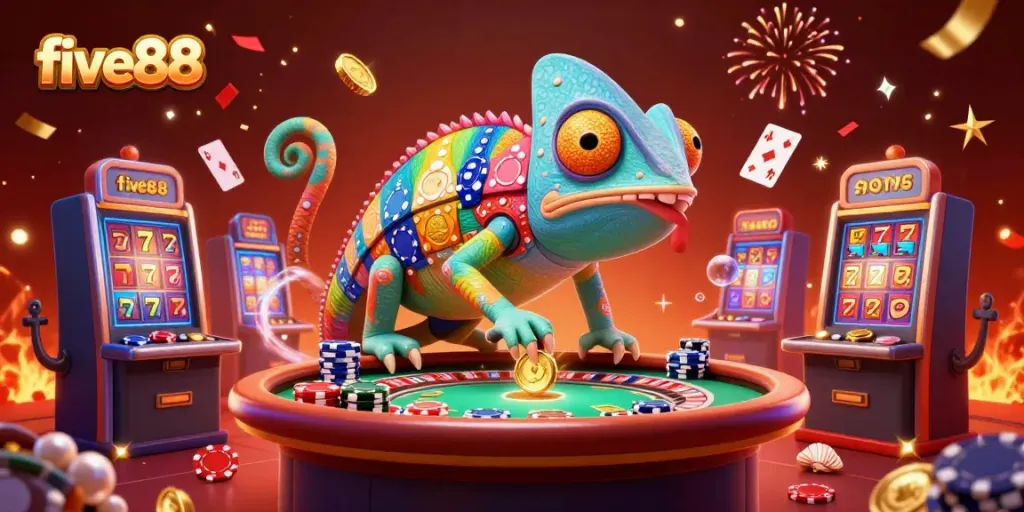 Experience the thrill of five88 with a vibrant chameleon casino master surrounded by exciting game elements.