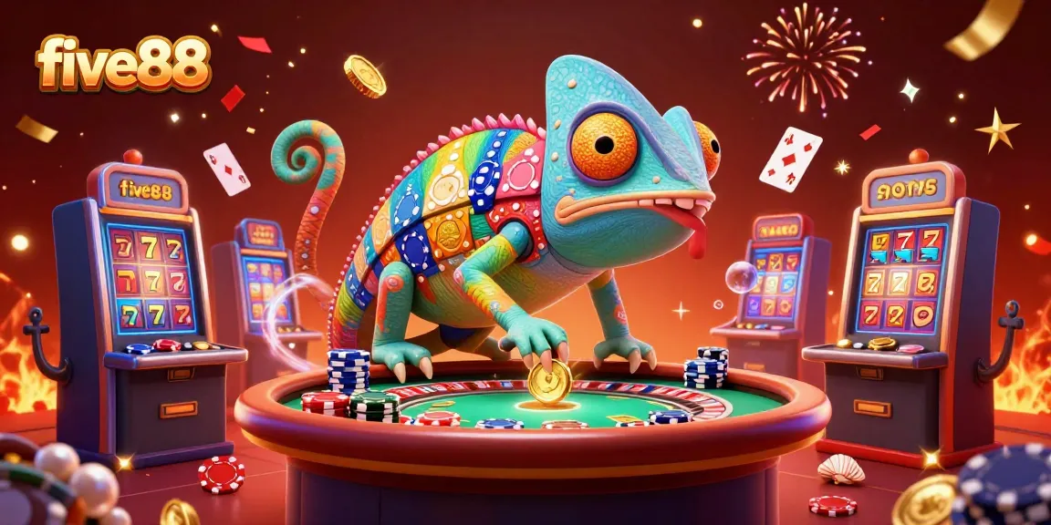 Experience the thrill of five88 with a vibrant chameleon casino master surrounded by exciting game elements.