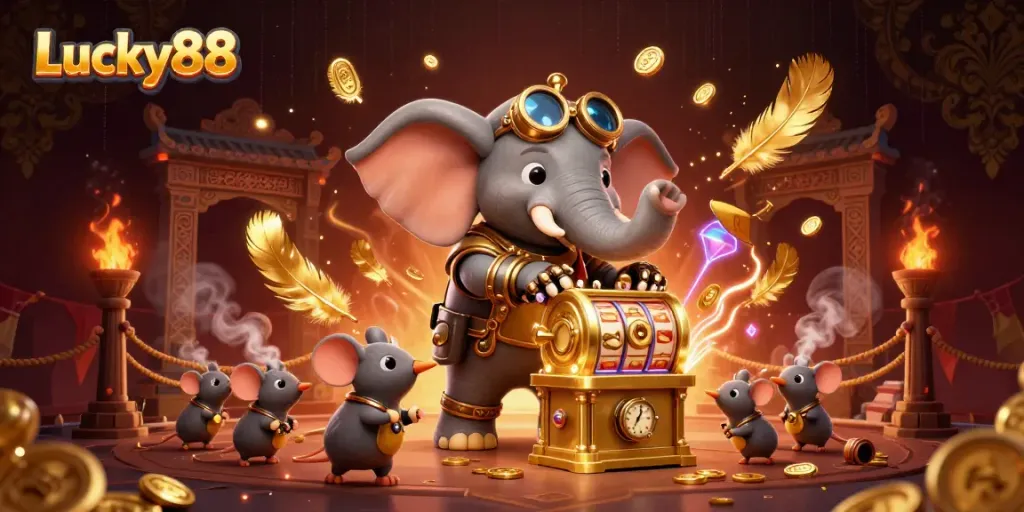 Spin the reels with Lucky88, featuring a steampunk elephant engineer and a vibrant casino atmosphere.