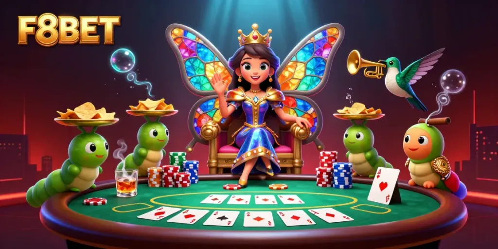 Experience F8BET's vibrant casino atmosphere with a butterfly queen, poker elements, and a glowing backdrop.