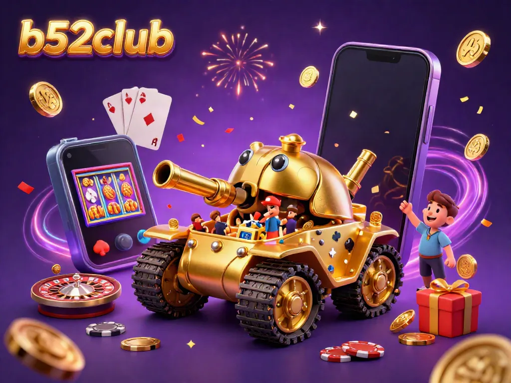 Experience the vibrant gaming world of b52club with a magnificent golden beetle tank casino, festive confetti, and dynamic gaming elements.
