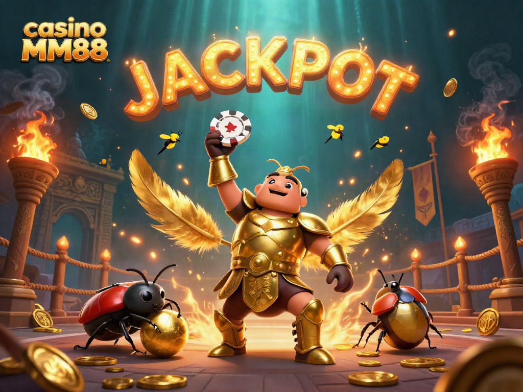Experience the thrill of casino MM88 with a victorious beetle and glowing jackpot!