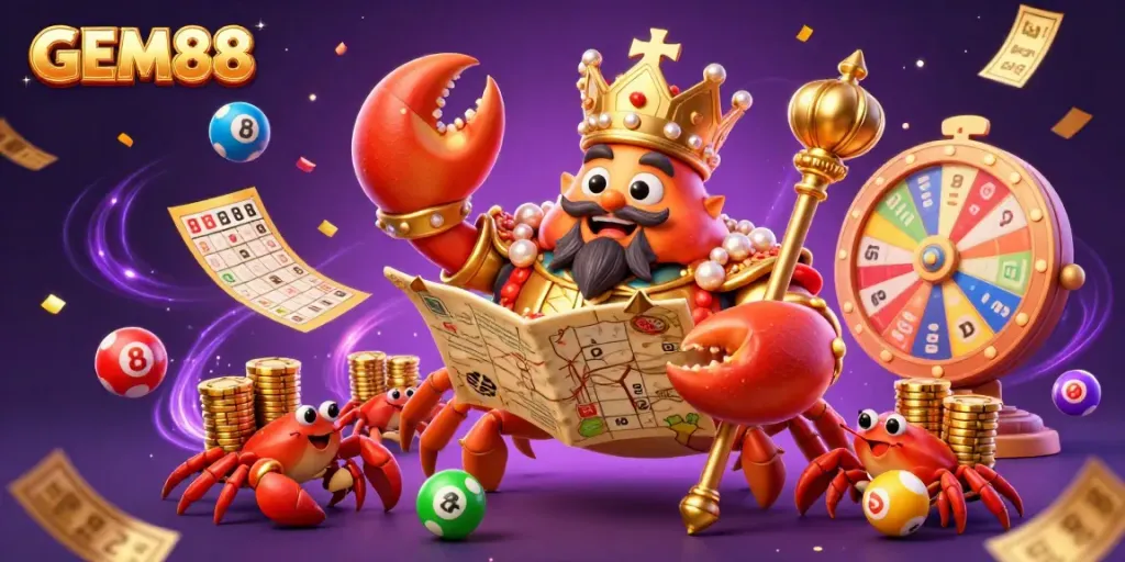 Experience GEM88's dynamic gambling ambiance with a golden crab emperor amid vibrant lottery elements.