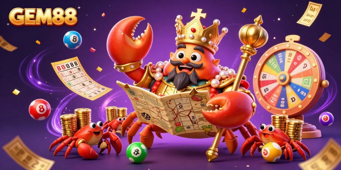 Experience GEM88's dynamic gambling ambiance with a golden crab emperor amid vibrant lottery elements.