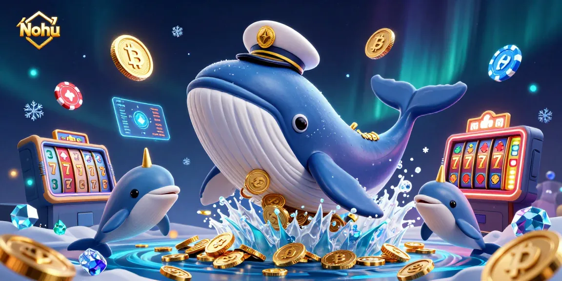 Nohu captivates players with a lively illustration of a whale breaching coins in a crypto casino.