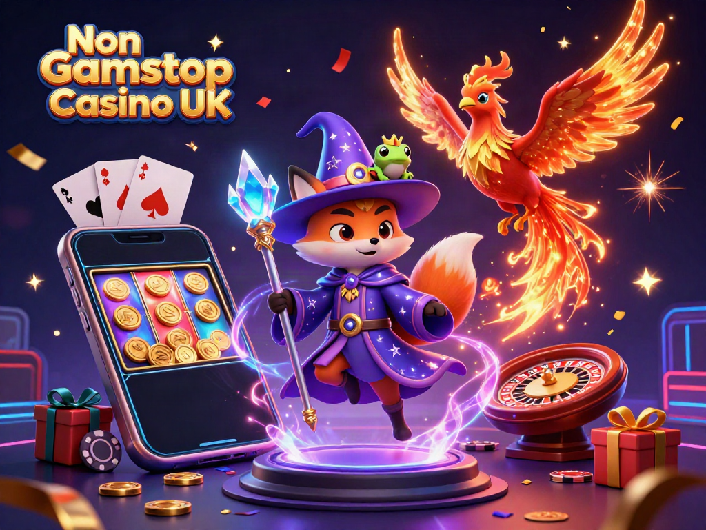 Engage with Non Gamstop Casino UK in a dynamic scene with a mystical fox, phoenix, and gambling elements.