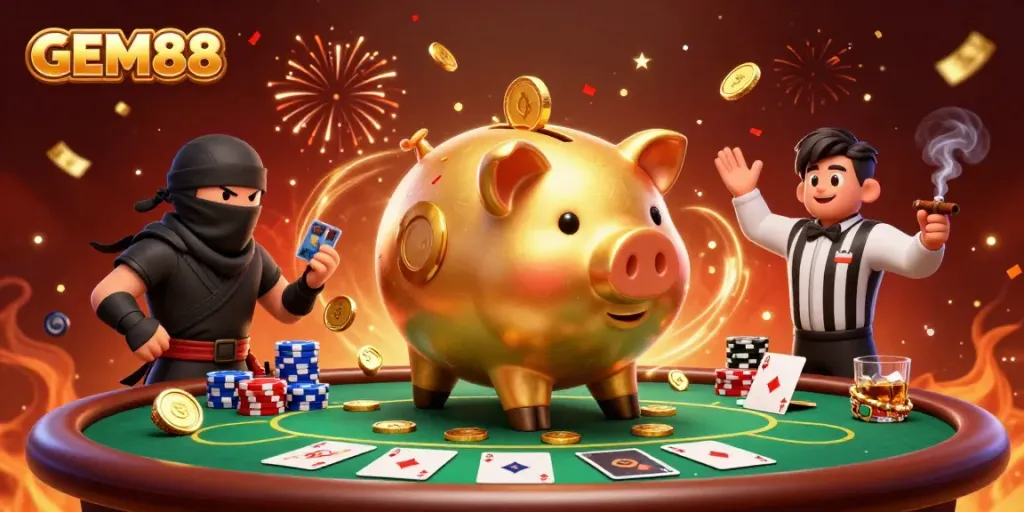 Experience winning strategies at GEM88 with this vibrant illustration of casino excitement featuring dynamic characters.