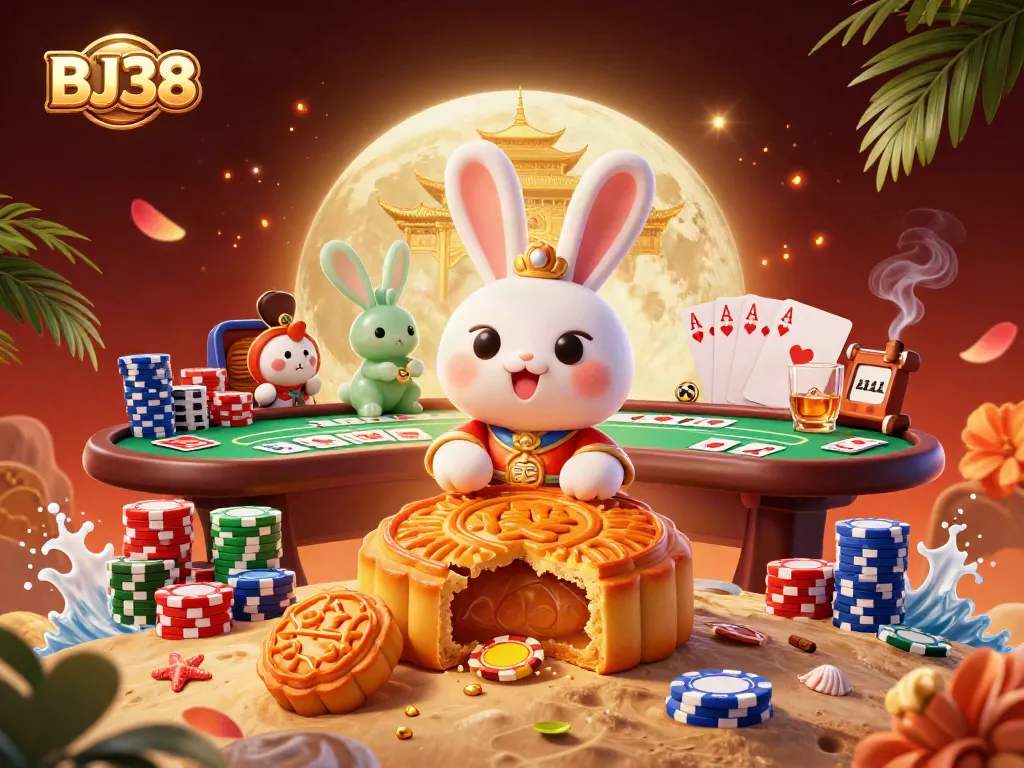 Experience thrilling gameplay with BJ38 as a moon rabbit reveals poker chips from mooncakes.