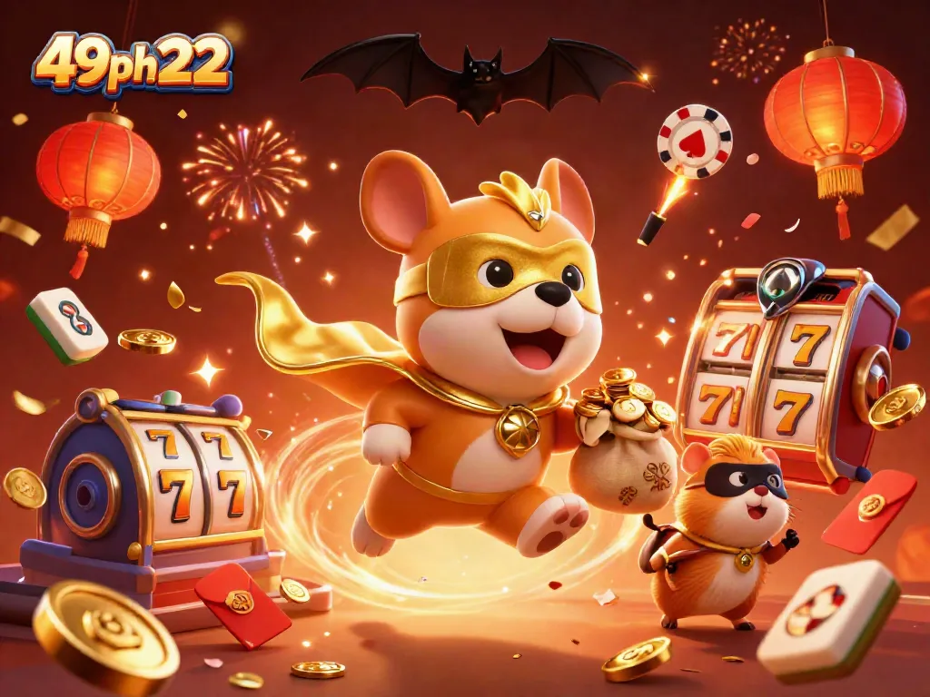 Sparkling action scene with the 49ph222 superhero dog and hamster amidst casino games and festive decorations.