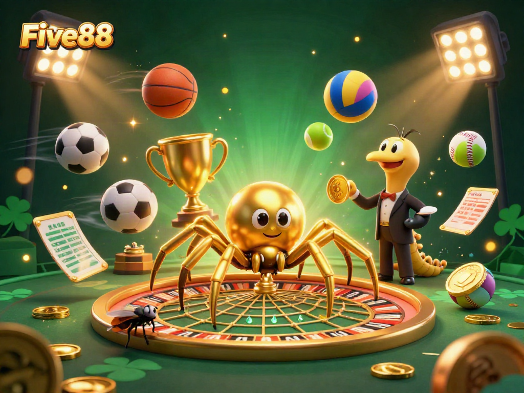 Experience excitement at Five88, where a golden spider spins a roulette web surrounded by dynamic sports elements.