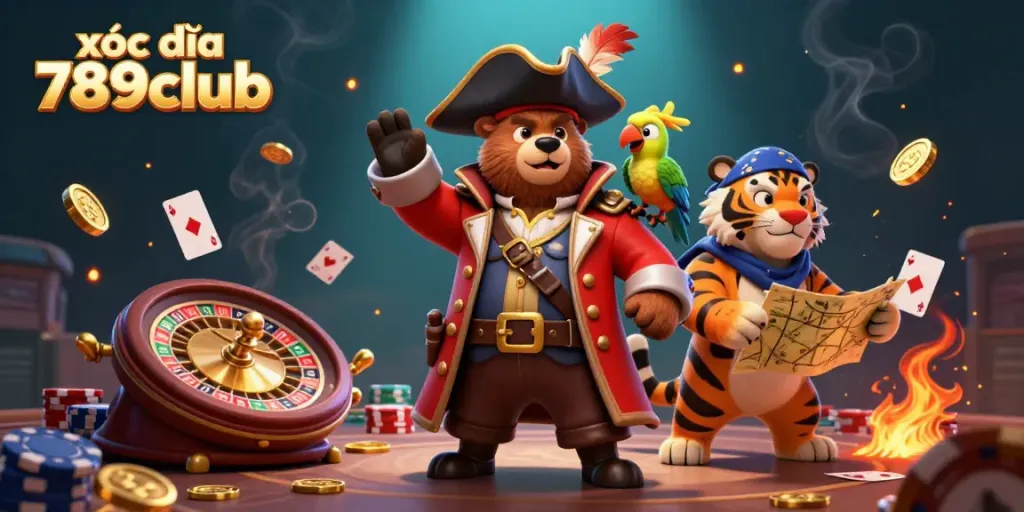 xóc đĩa 789club featuring a vibrant 3D pirate bear, tiger, and parrot amidst gambling excitement.