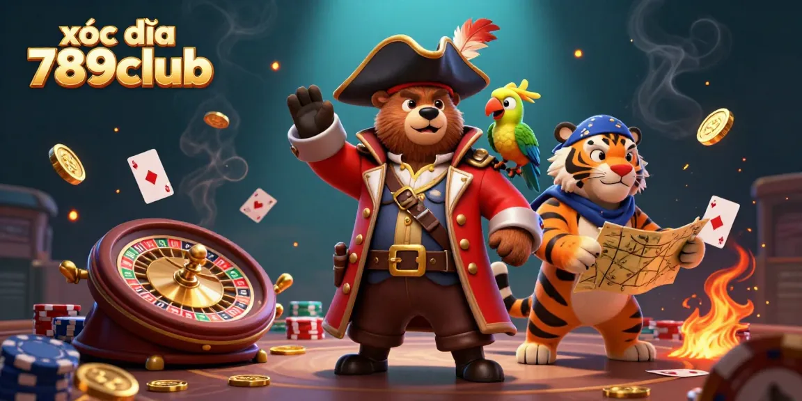 xóc đĩa 789club featuring a vibrant 3D pirate bear, tiger, and parrot amidst gambling excitement.