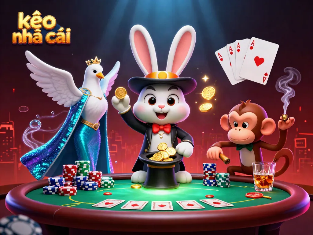 Experience kèo nhà cái magic with a magician rabbit, sparkling coins, and poker chips in a dynamic casino scene.