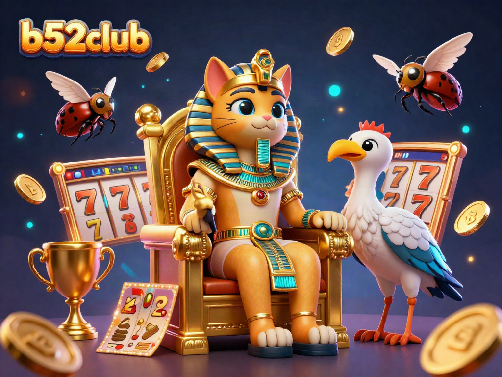 Engage with the vibrant b52club casino illustration featuring a regal pharaoh cat playing slots.