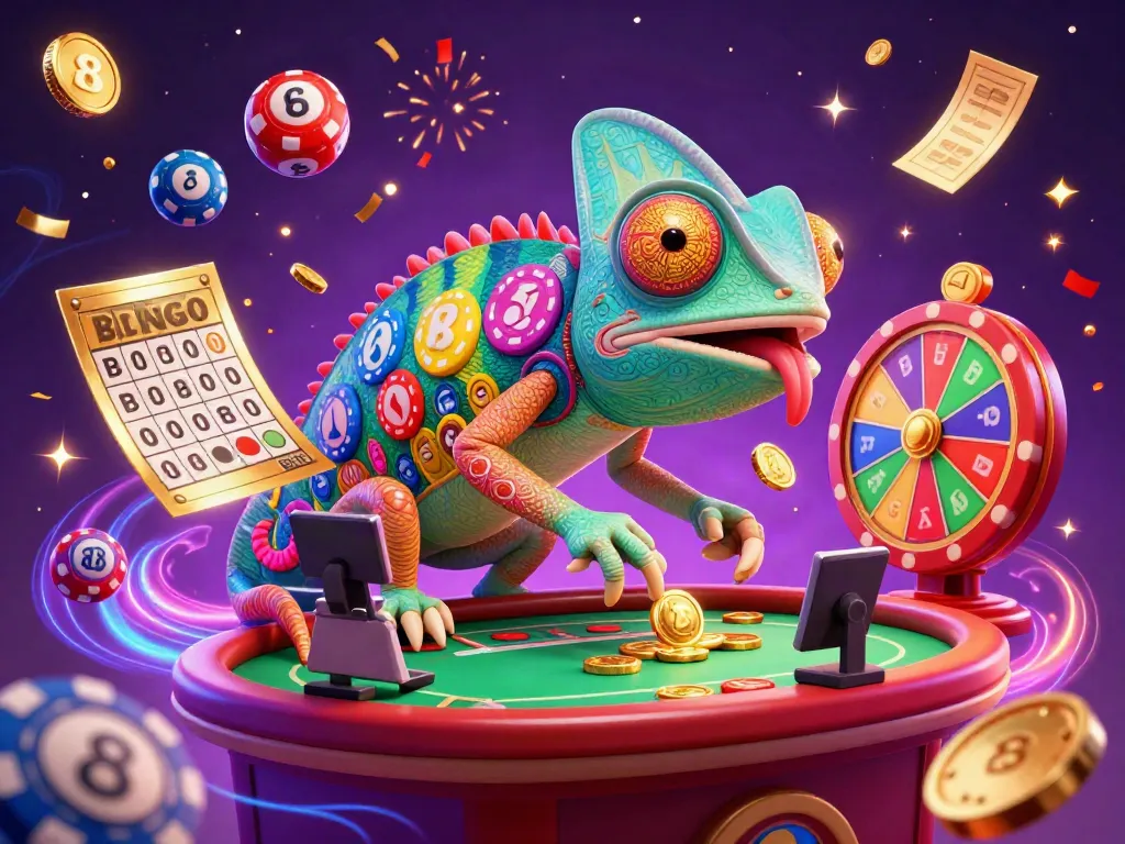 Experience vibrant gaming excitement with s8 as the playful chameleon casino owner snaps golden coins and watches roulette.