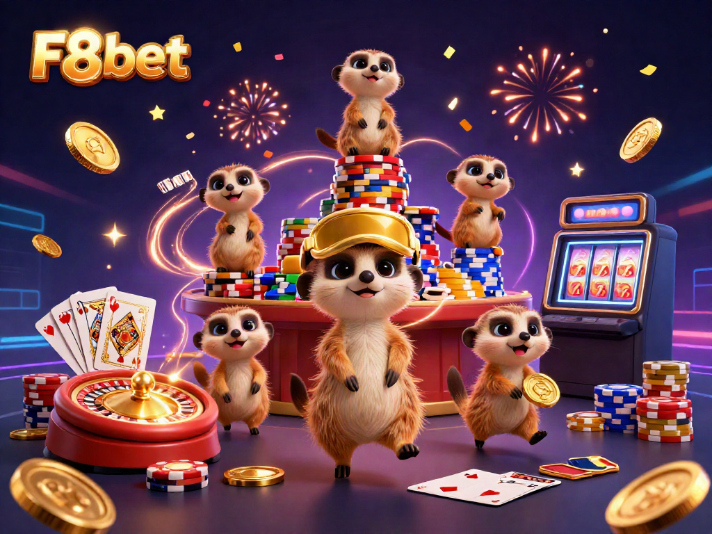 Experience the thrill of F8bet with lively meerkats in a vibrant casino scene, showcasing winning moments.