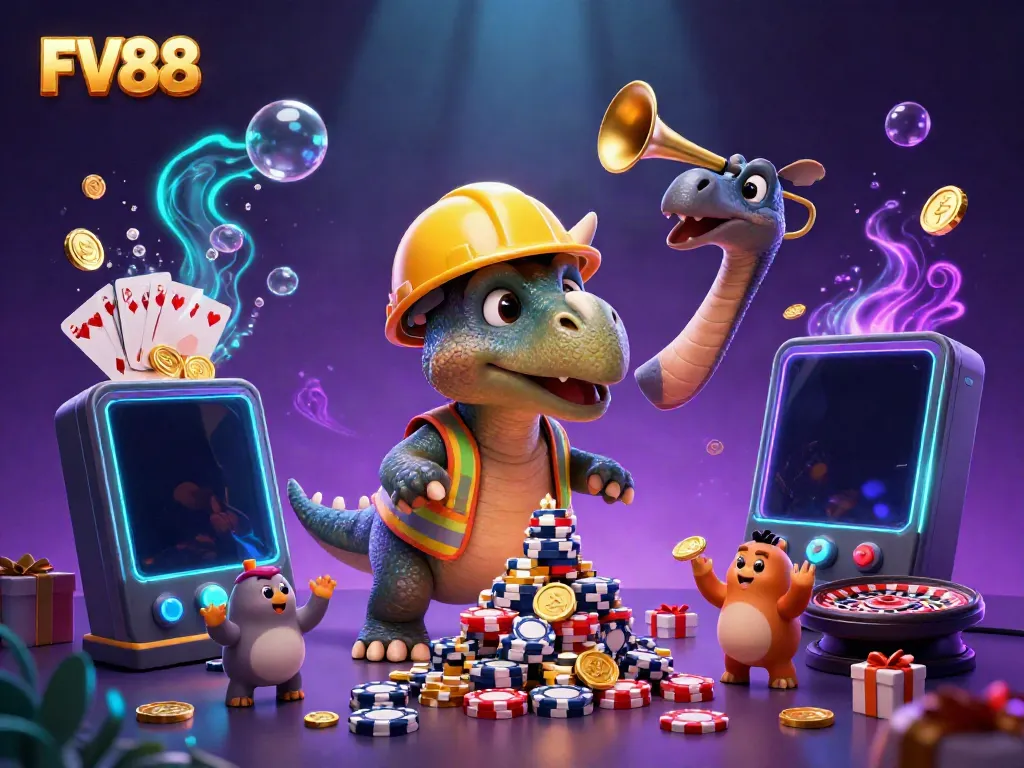 Join the FV88 casino adventure with vibrant characters celebrating gaming victories amidst dynamic slot and card elements.