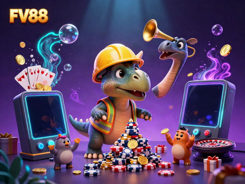 Join the FV88 casino adventure with vibrant characters celebrating gaming victories amidst dynamic slot and card elements.