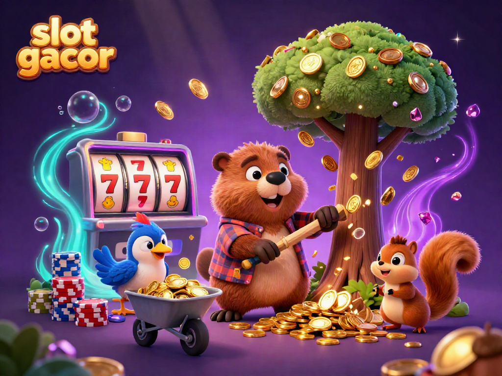 Experience thrilling wins with slot gacor in a vibrant 3D casino scene full of coins and characters.