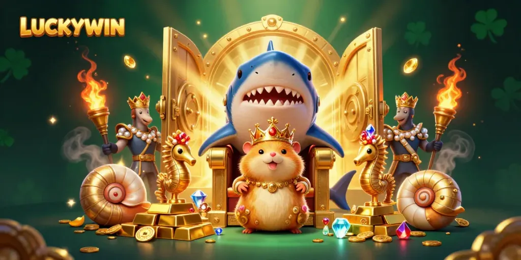 Experience the thrill of LUCKYWIN with vibrant 3D illustration showcasing gaming wealth and treasures.