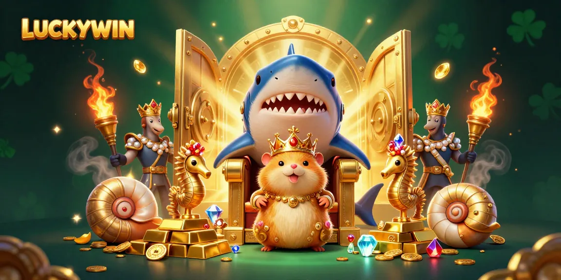 Experience the thrill of LUCKYWIN with vibrant 3D illustration showcasing gaming wealth and treasures.