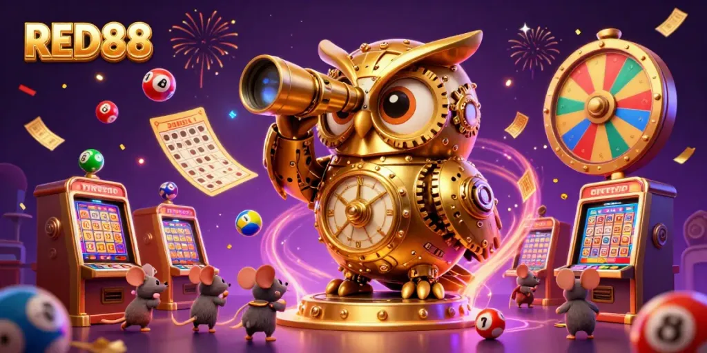 Experience the enchanting allure of RED88, featuring a golden owl overseeing a vibrant casino floor.