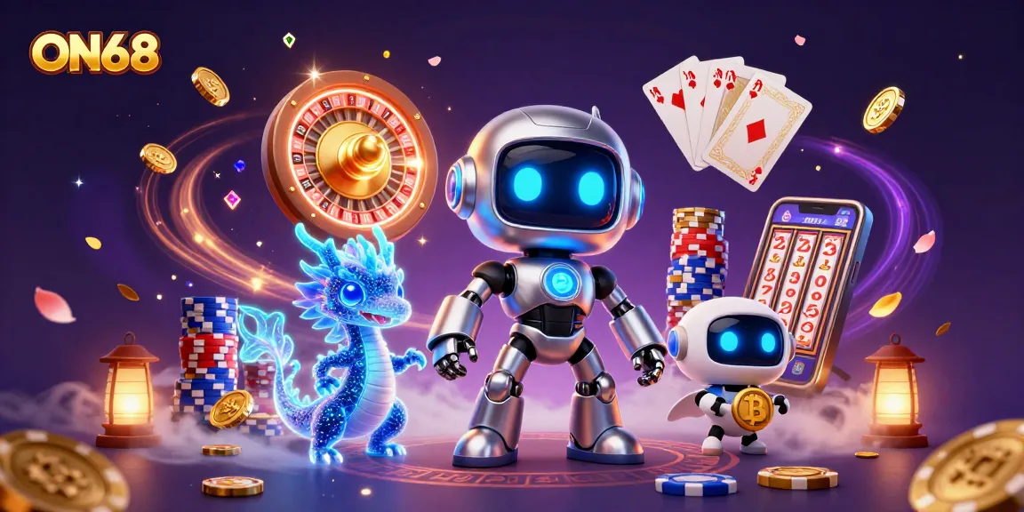 Engage with ON68's thrilling casino atmosphere featuring a vibrant cyberpunk robot, AI dragon, and bitcoin drone.