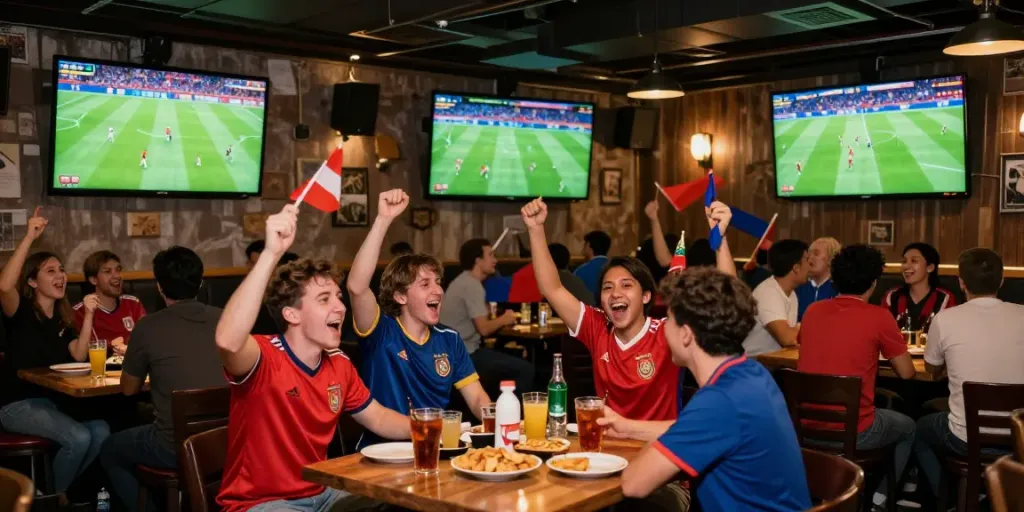 Excited fans enjoying the game at Socolive in a vibrant sports bar.