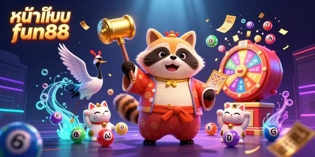 Join the excitement at หน้าแรก fun88 with colorful lottery elements and cheerful characters in this vibrant casino illustration.