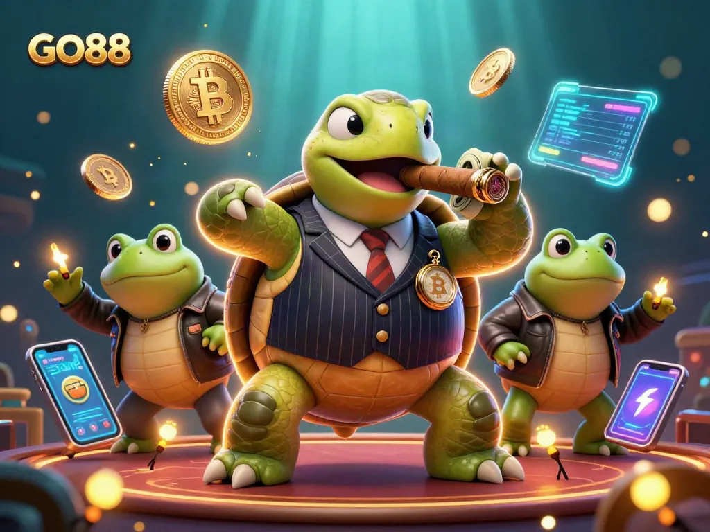 Engage with GO88's immersive gaming world featuring a cartoon mobster turtle and frog enforcers.