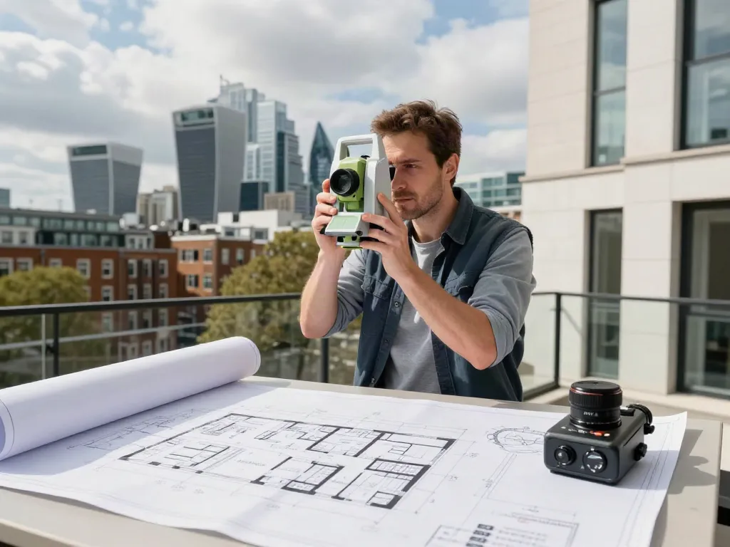Measured Building Surveyors Surrey conducting a precise survey in London with advanced equipment.