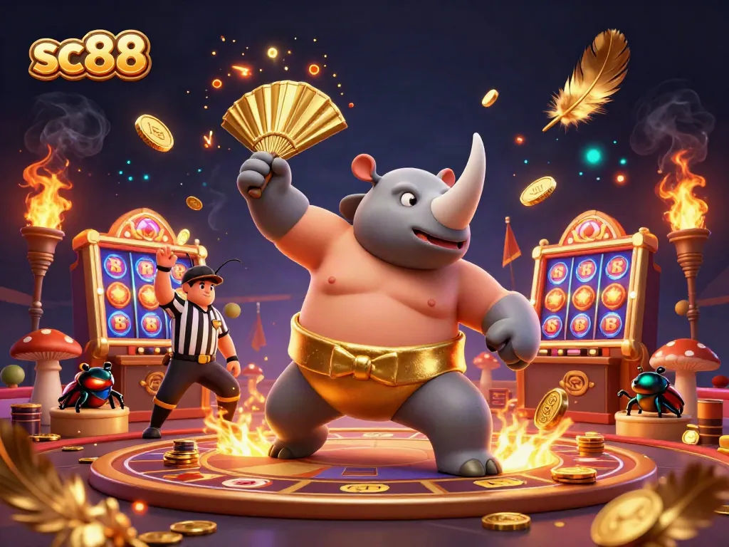 Experience the thrilling action of sc88 as a sumo beetle battles with coins flying in a casino arena.