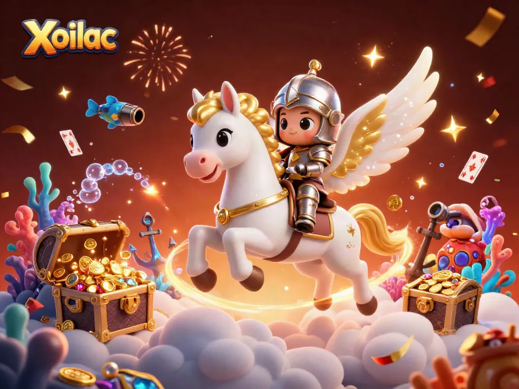 Xoilac's dynamic scene shows a celestial horse and armored knight amidst sparkling treasures and festive elements.