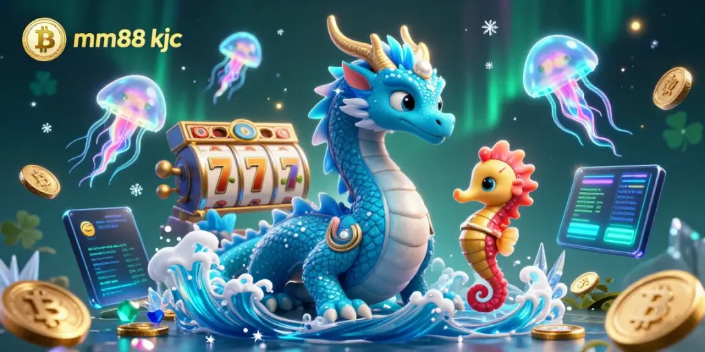 Engage with thrilling slots at mm88 kjc, featuring a dynamic dragon and seahorse in an immersive casino environment.