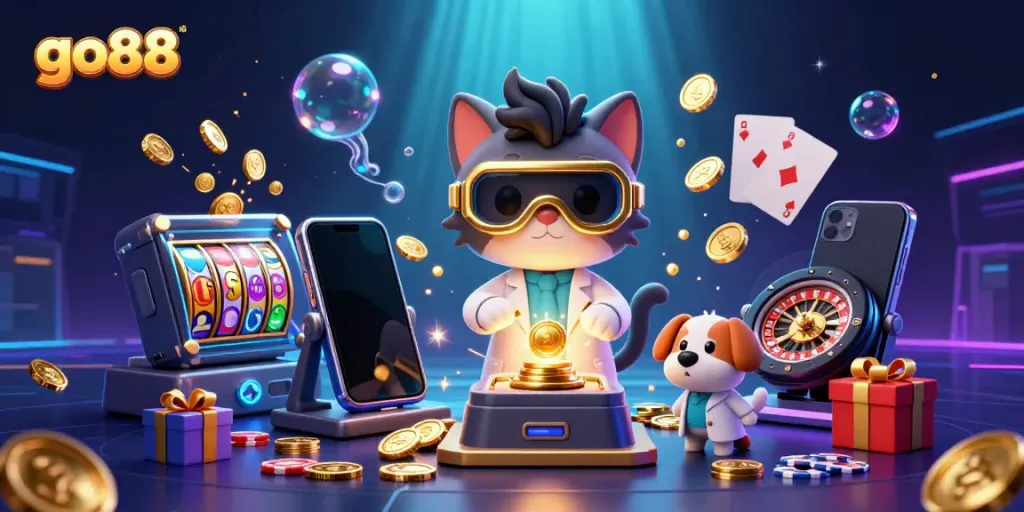 Win big at go88 with this lively 3D illustration featuring a mad scientist cat, slot games, and golden coins!