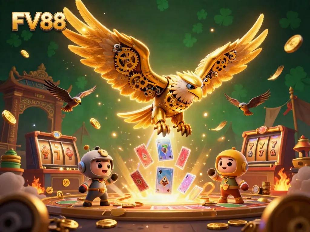 Experience the thrill of FV88 with a cybernetic eagle diving through holographic playing cards in a vibrant casino atmosphere.