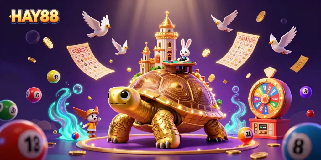 Engage with HAY88's vibrant casino atmosphere featuring a golden tortoise and a rabbit dealer.