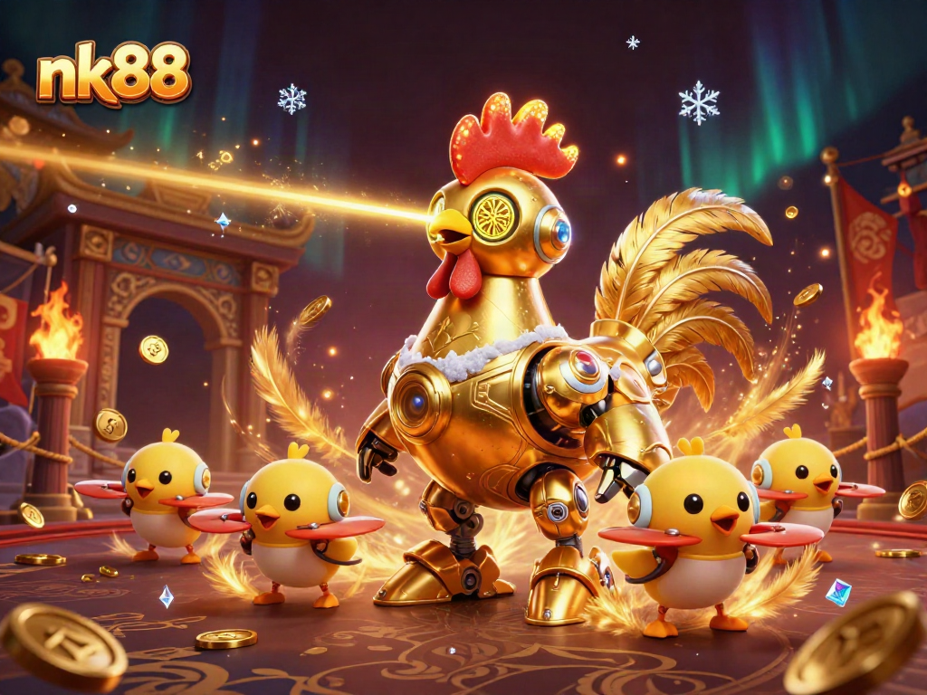 nk88 showcases a vibrant casino scene with a golden rooster robot amid rich gaming elements.