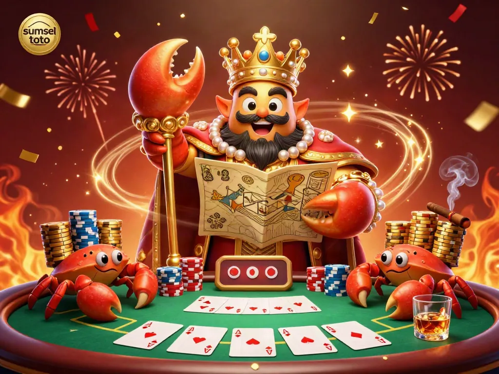 Engage with sumsel toto's lively gaming scene featuring a golden crab emperor, poker elements, and vibrant confetti.
