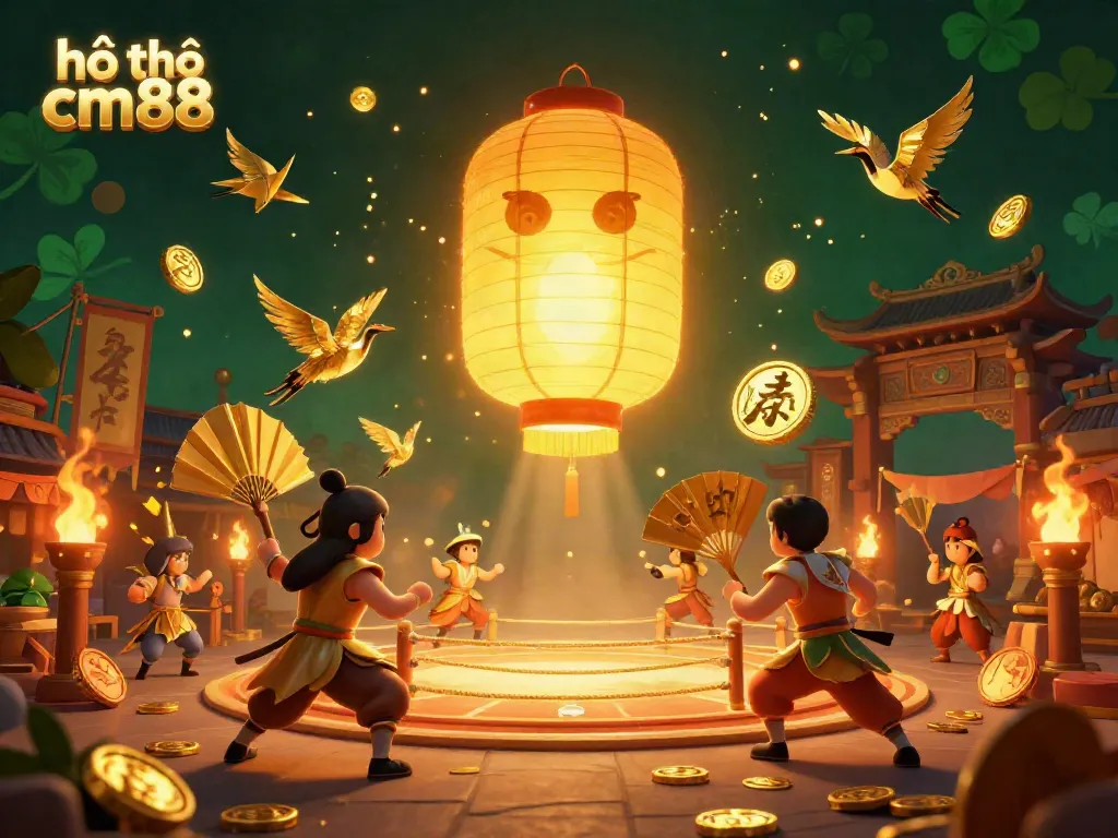 Experience hổ trợ cm88 with a vibrant 3D casino scene featuring a golden lantern spirit, warriors, and lucky symbols.