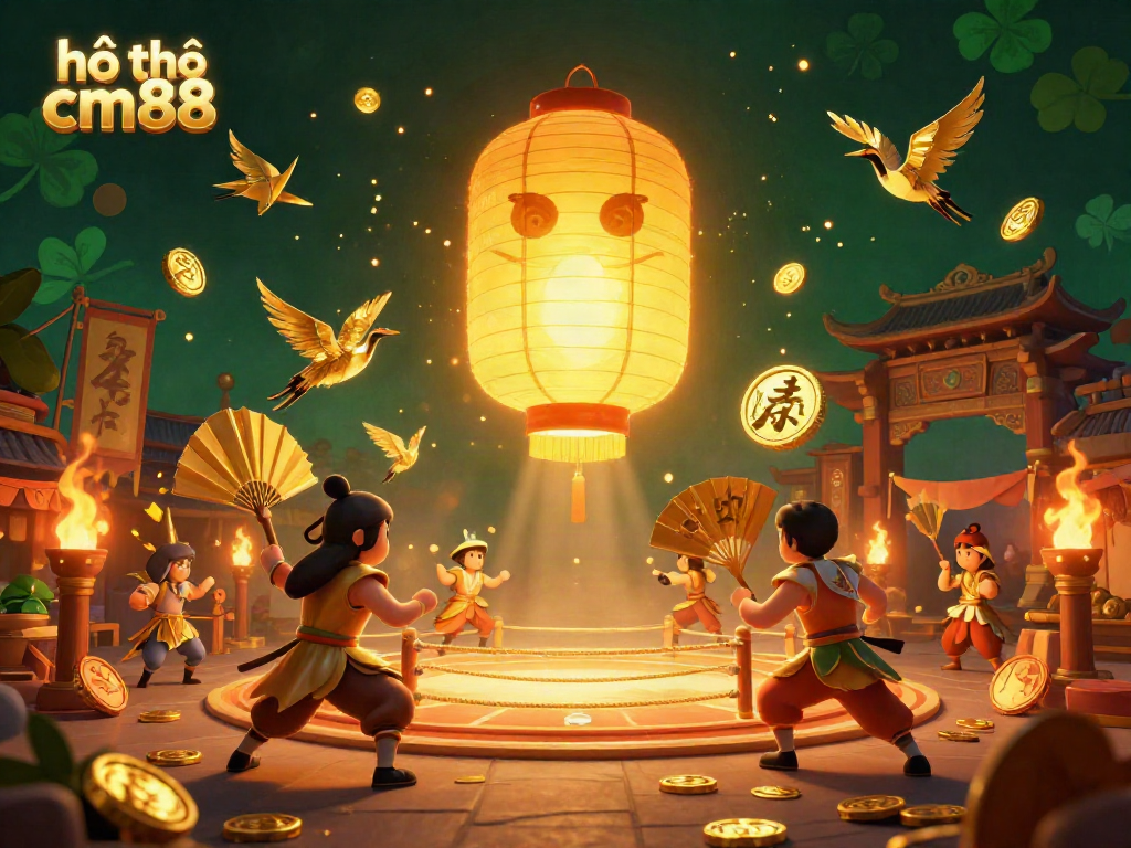 Experience hổ trợ cm88 with a vibrant 3D casino scene featuring a golden lantern spirit, warriors, and lucky symbols.