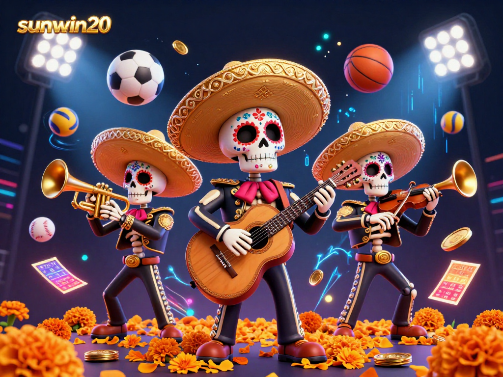 Experience sunwin20 excitement with a vibrant mariachi band amidst dynamic sports elements and neon effects.